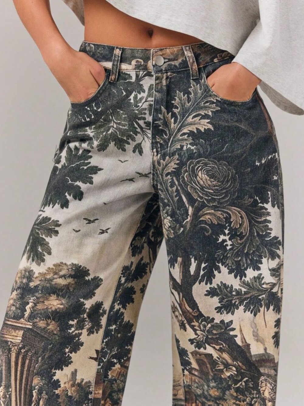 Brown Tapestry Print Wide Leg Denim Jeans - Extra Long - Picture 6 of 7